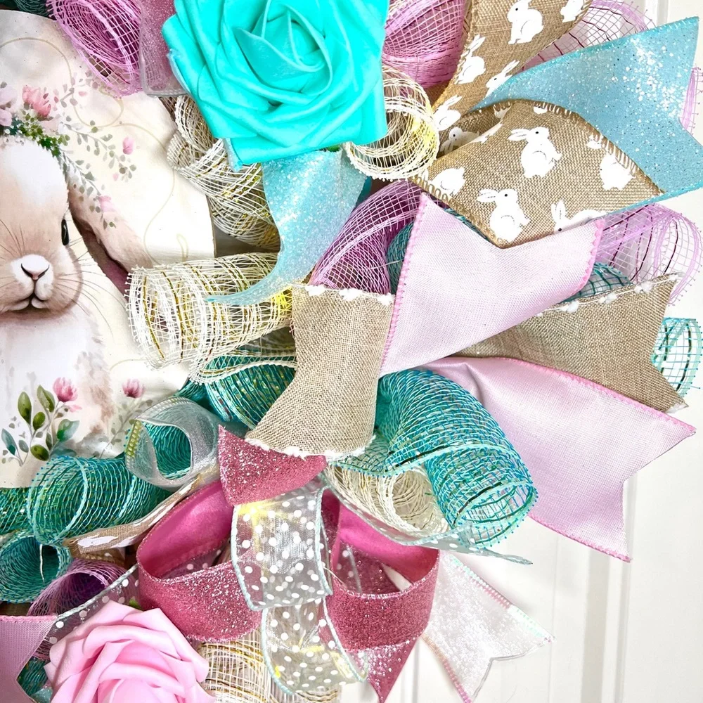 Handmade Spring or Easter Bunny Prelit Ribbon Wreath 22 in LED W22